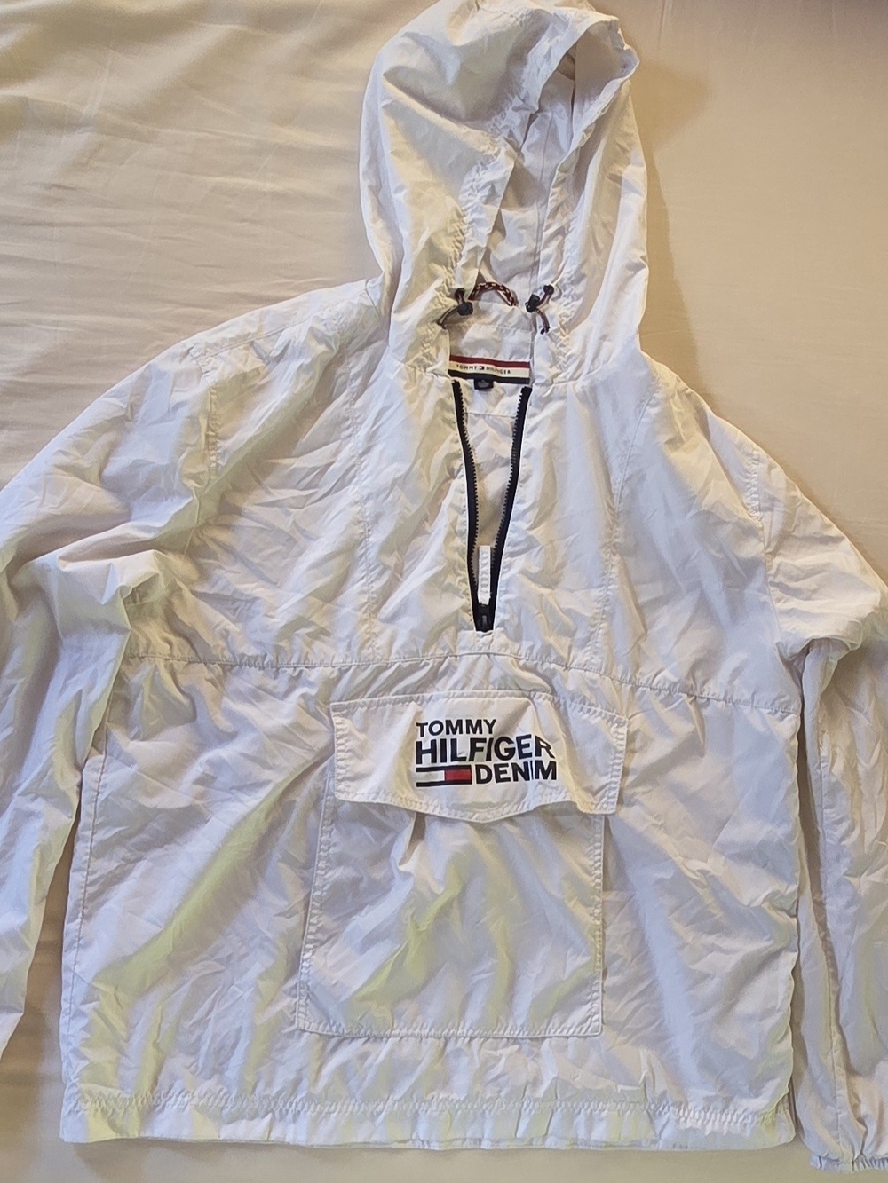 Tommy Hifiger Men's Quarter Zip Hooded Windbreaker Jacket White Xl